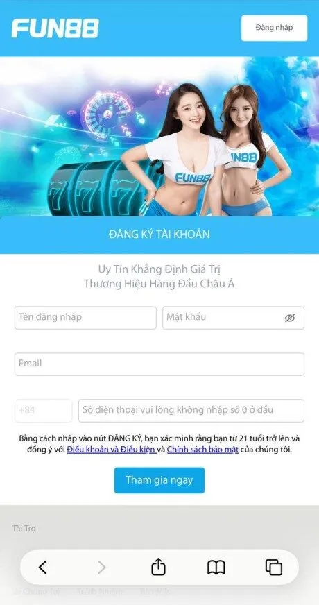 đăng ký tài khoản FUN88 bằng điện thoại