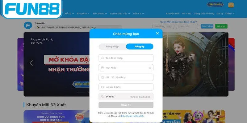 đăng ký FUN88 trên PC